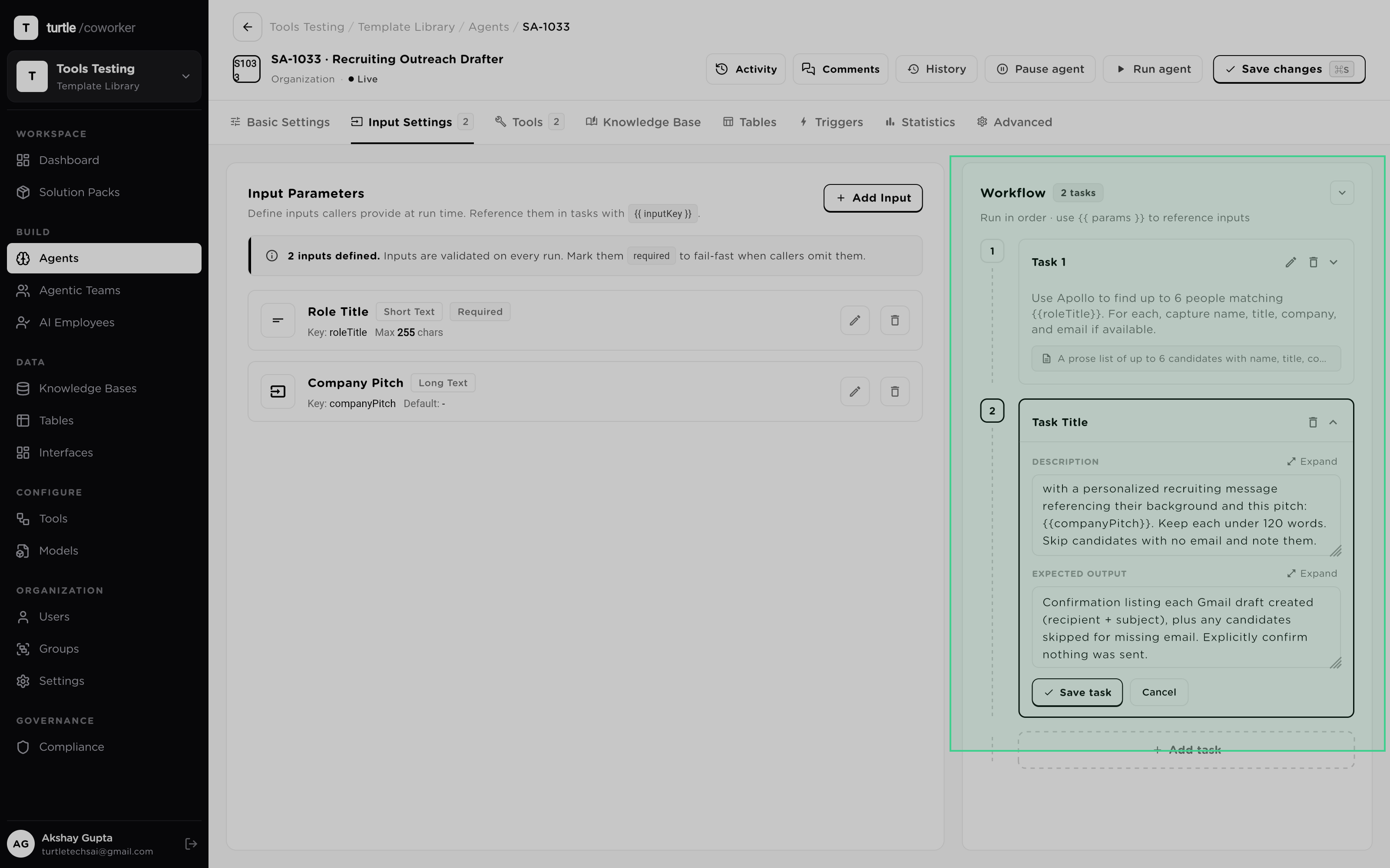 The workflow rail: three ordered tasks each showing instruction and expected output, a {{ params }} reference passing task 1's output into task 2, and the live runtime/token/cost estimate