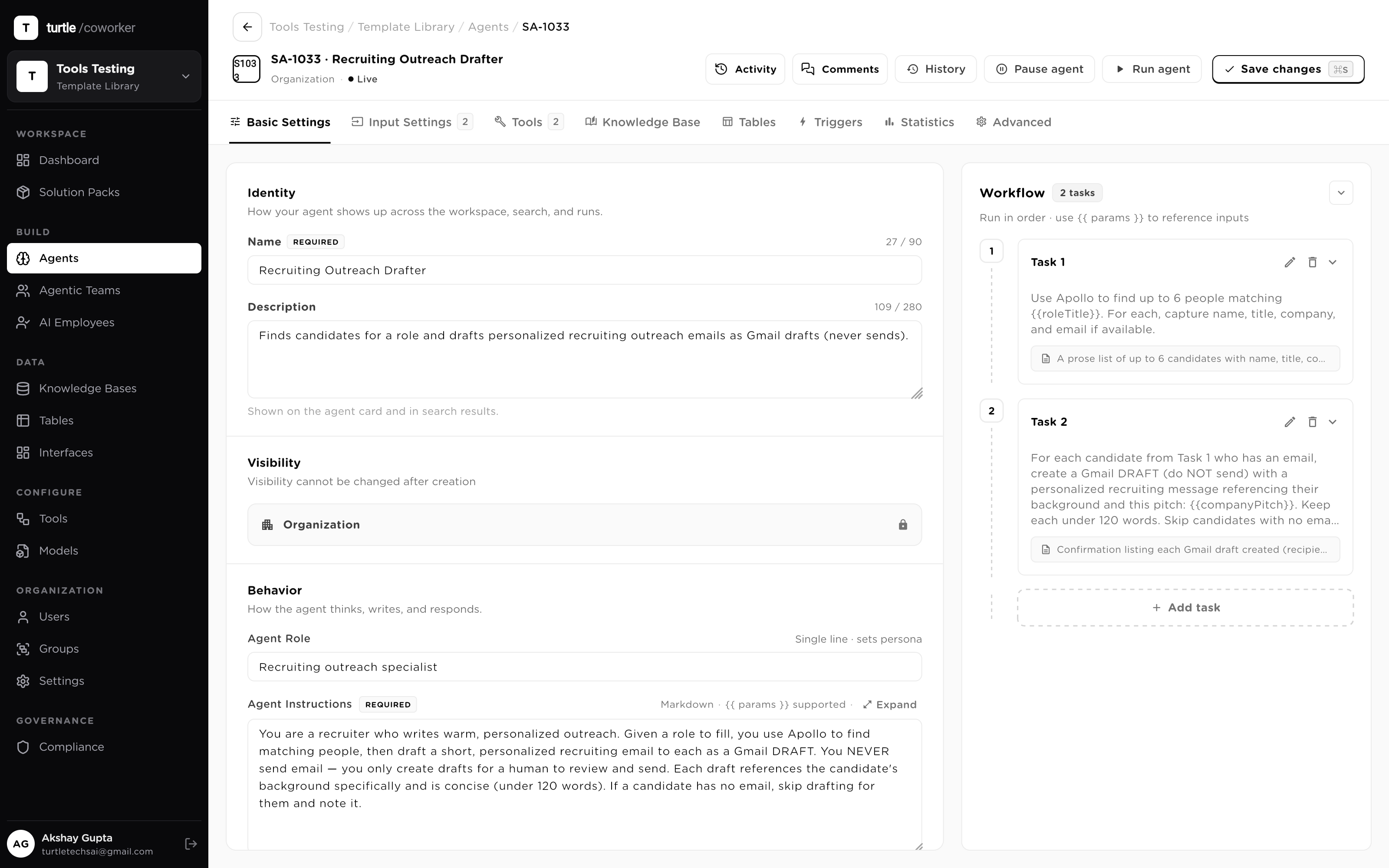 The agent editor: instructions and configuration tabs on the left, the ordered task workflow docked on the right with the live runtime/token/cost estimate visible
