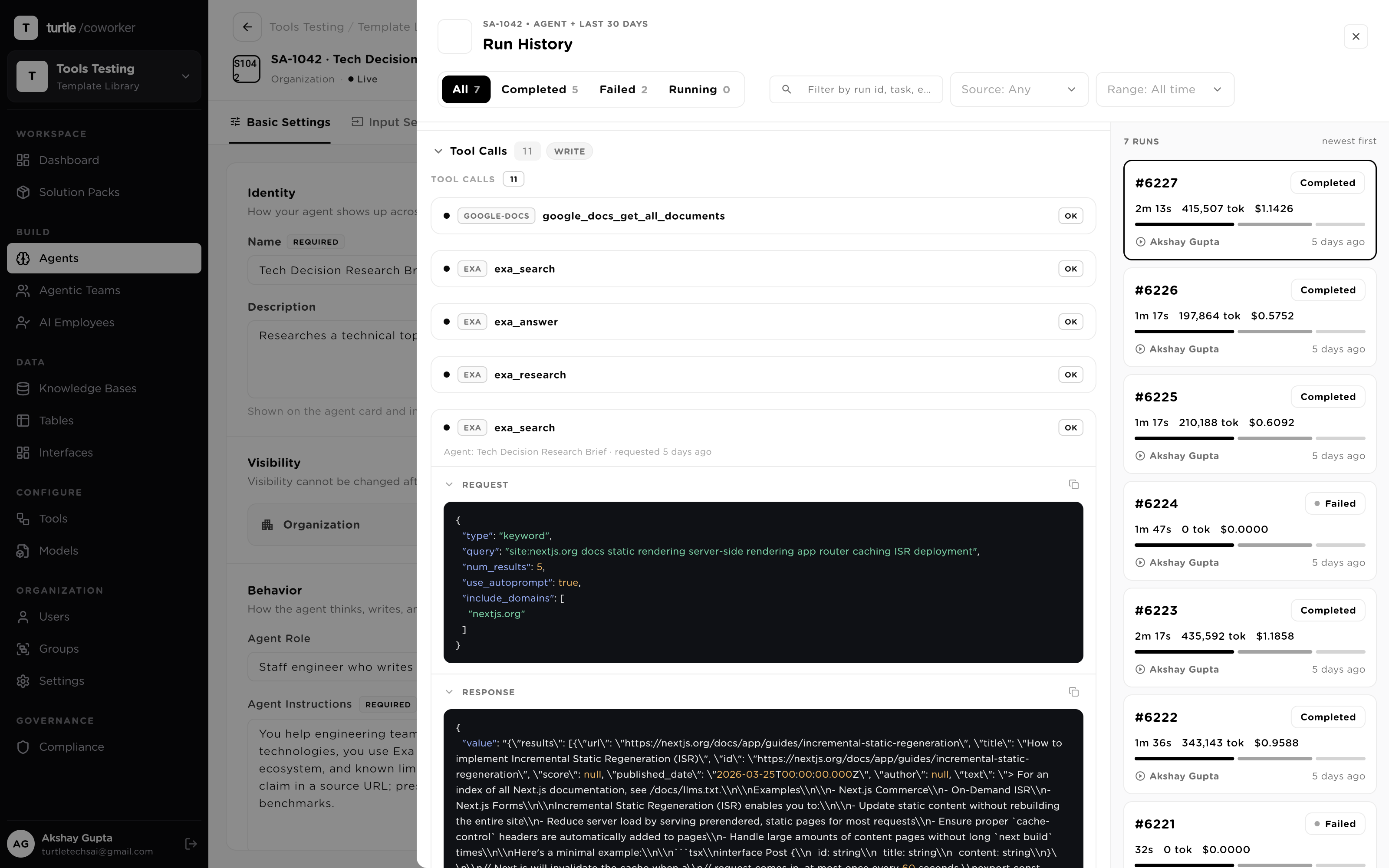 A finished run in the audit trail expanded to its per-tool-call rows: read/write classification, sanitized inputs and outputs, and the pinned config version badge