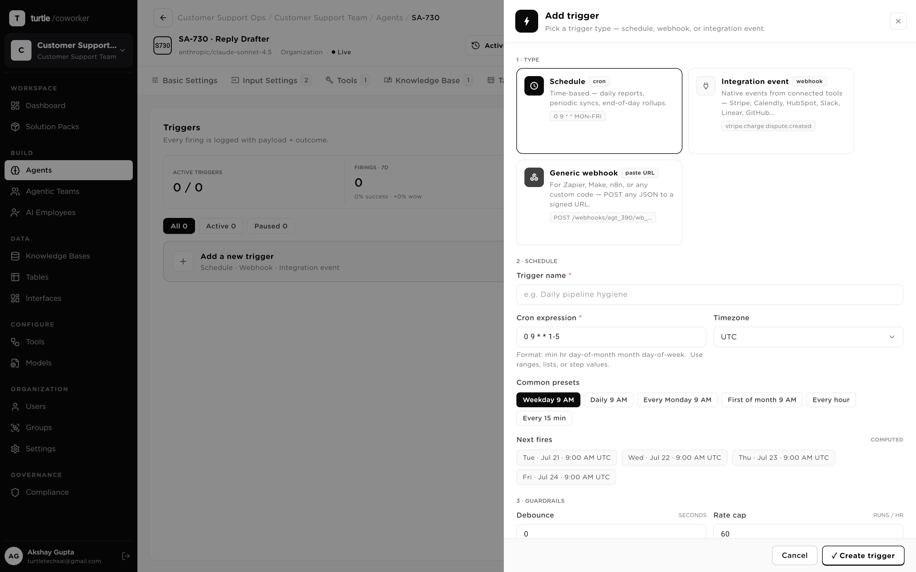 The Triggers tab: the trigger type options (schedule, integration event, webhook, table), a cron trigger with its next-fires preview, and an event trigger's filter and debounce settings