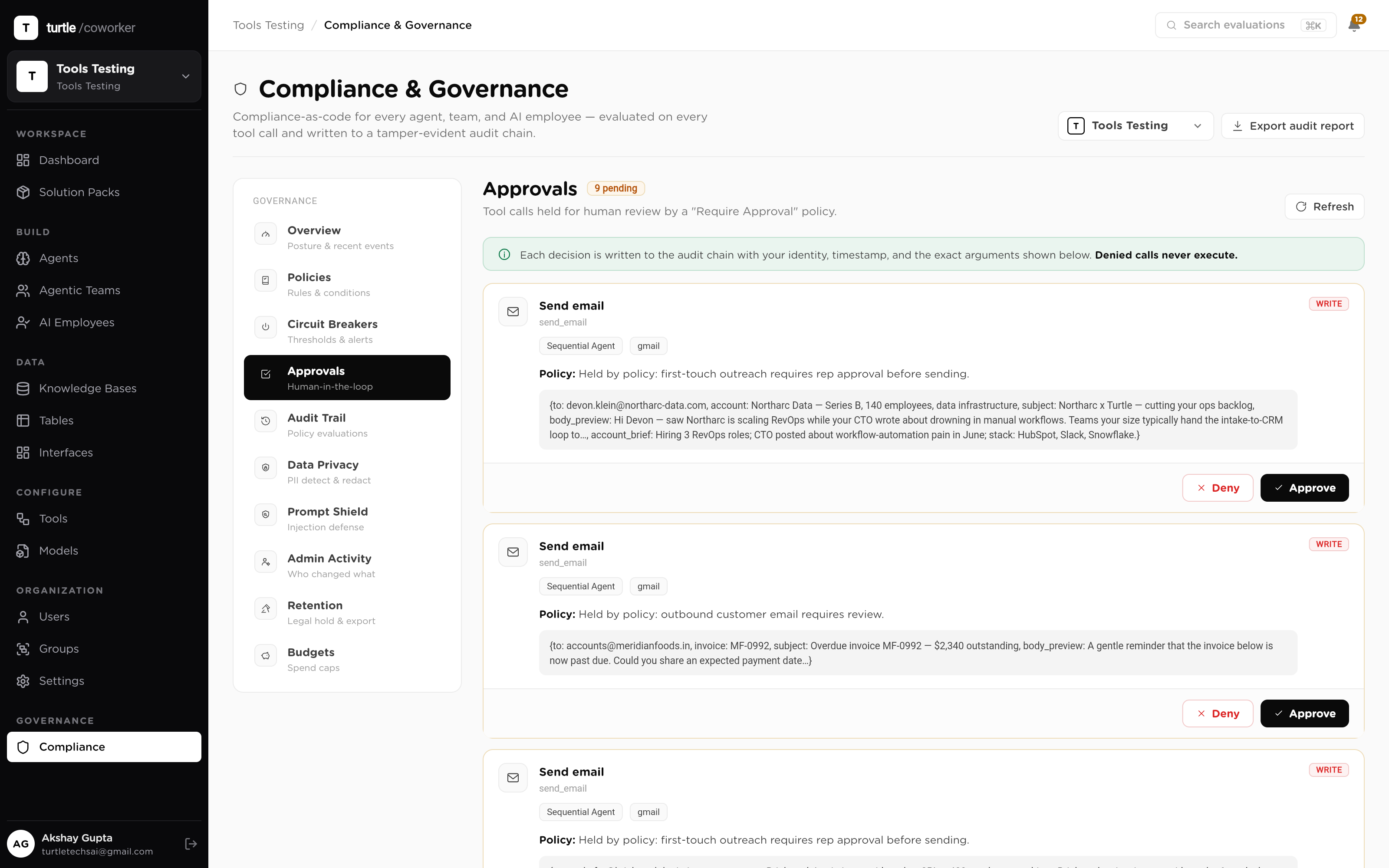 A held outreach email in the approval queue: the drafted first touch shown as evidence, with approve and deny controls beside it