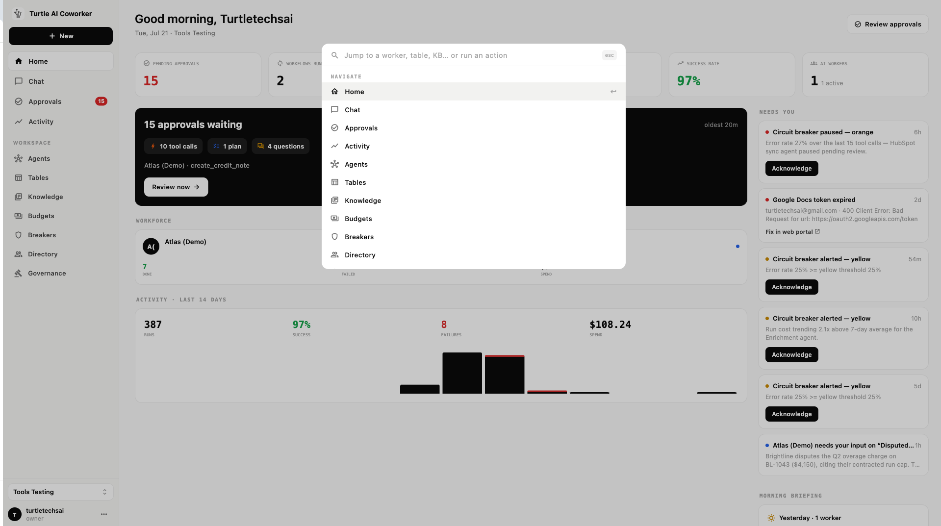 The desktop app's home: the command palette open over the day's numbers — pending approvals, running workflows, the needs-you rail and the morning briefing
