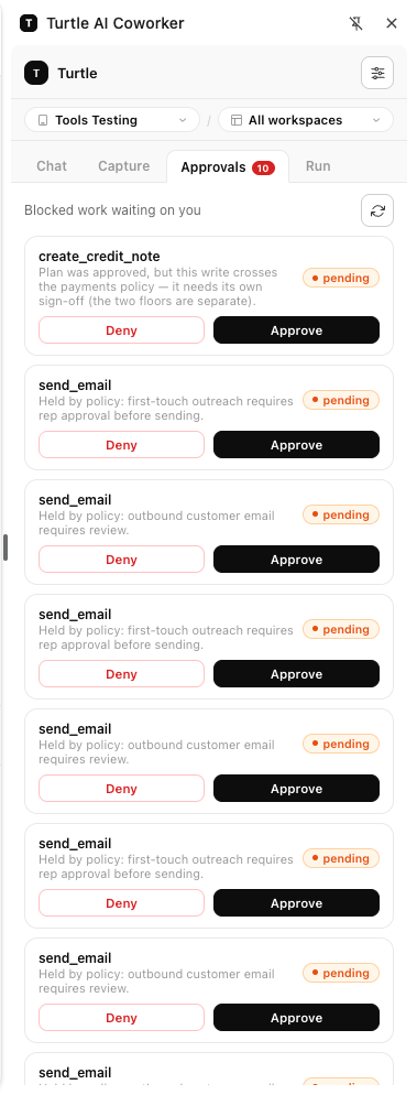 The Chrome extension popup: Chat, Capture, Approvals and Run tabs, with blocked work waiting on approve/deny — scoped to the active org and workspace