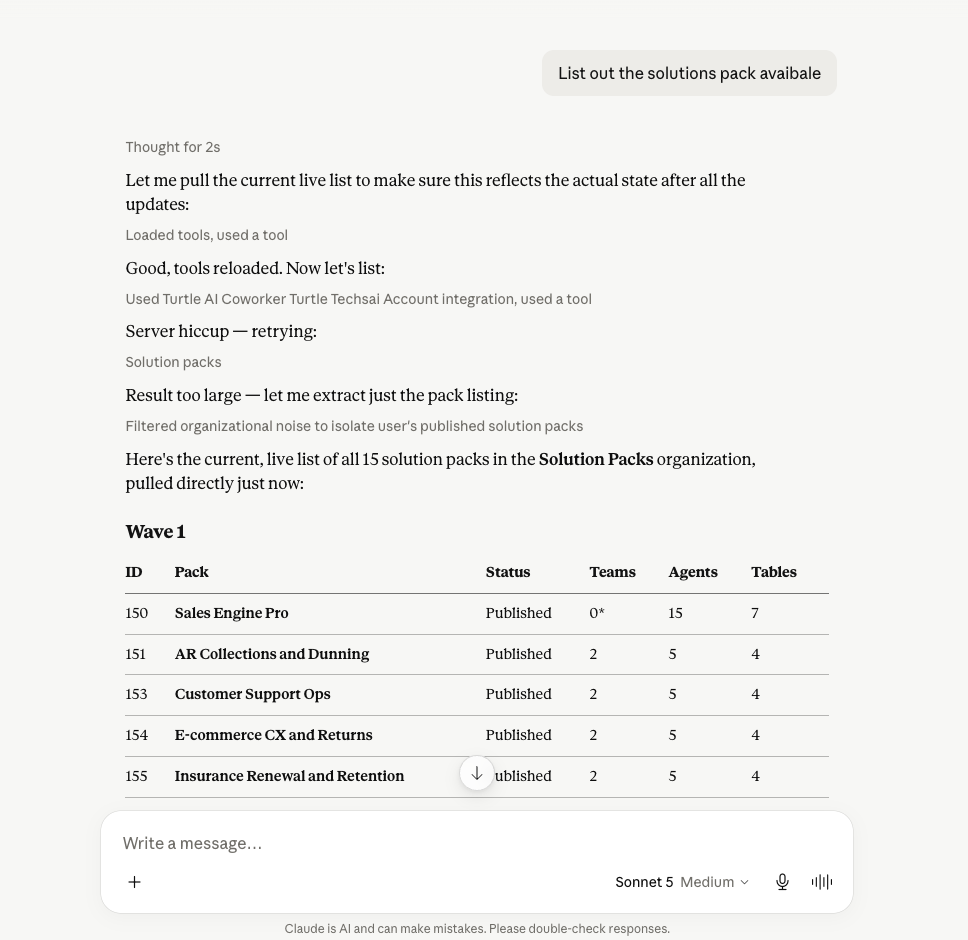 A Claude conversation querying the platform over MCP: tool calls against the Turtle connector and a live table of the org's solution packs in the reply