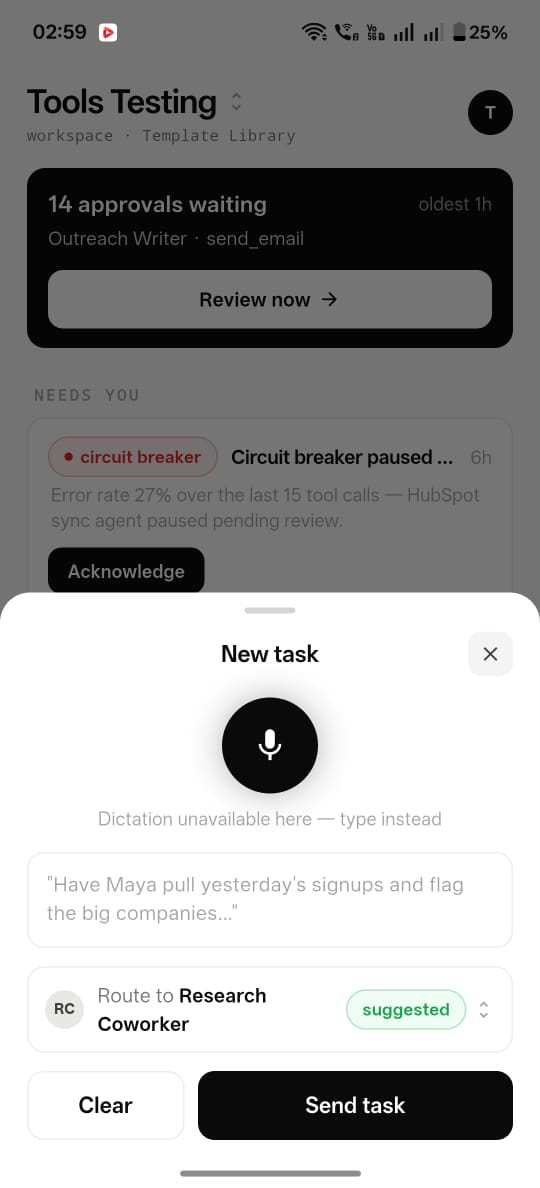 The mobile app: morning briefing card, approvals with aging chips, and a run opened to its tool calls