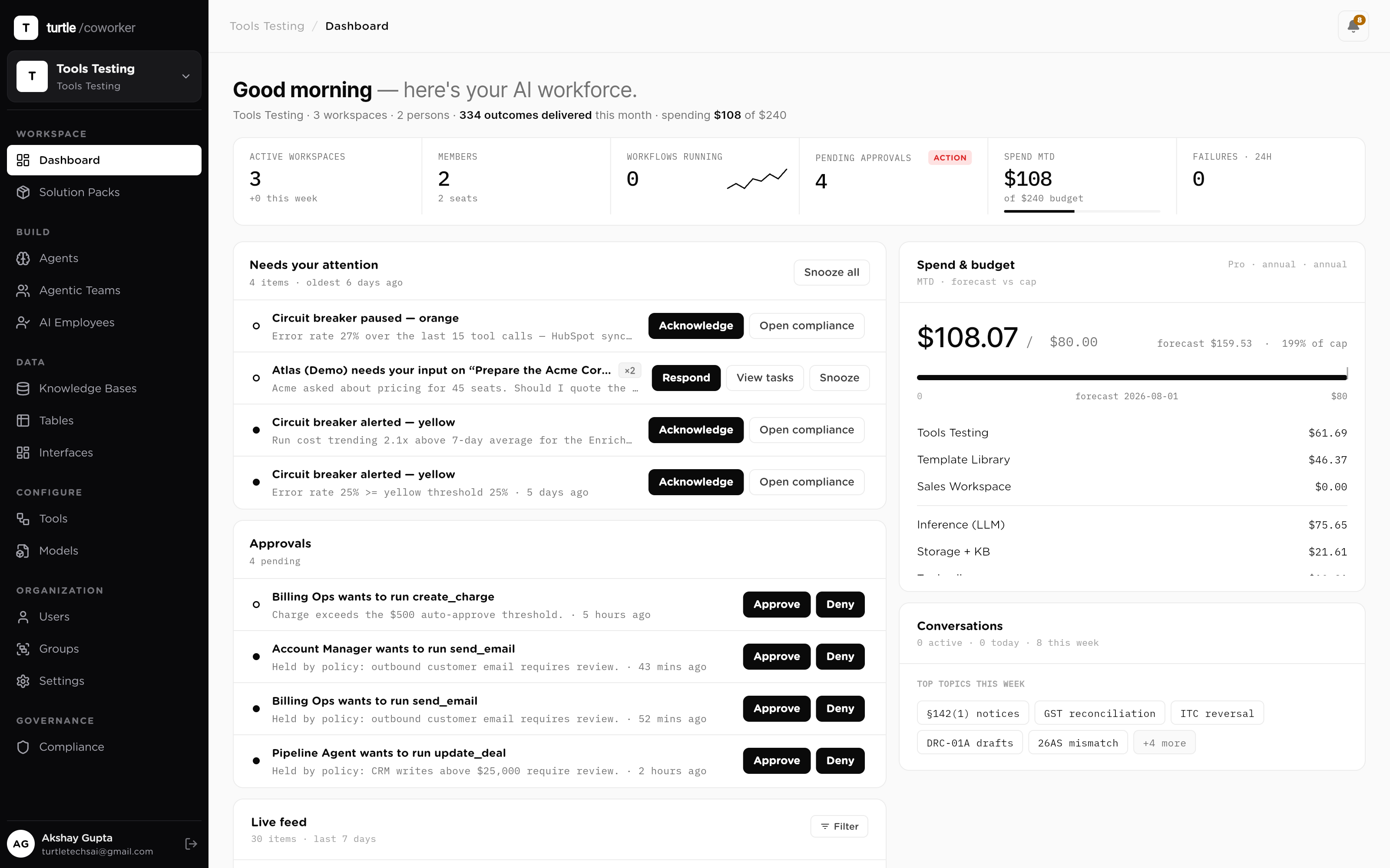 The web dashboard: outcomes, live activity feed, approvals and spend in one view