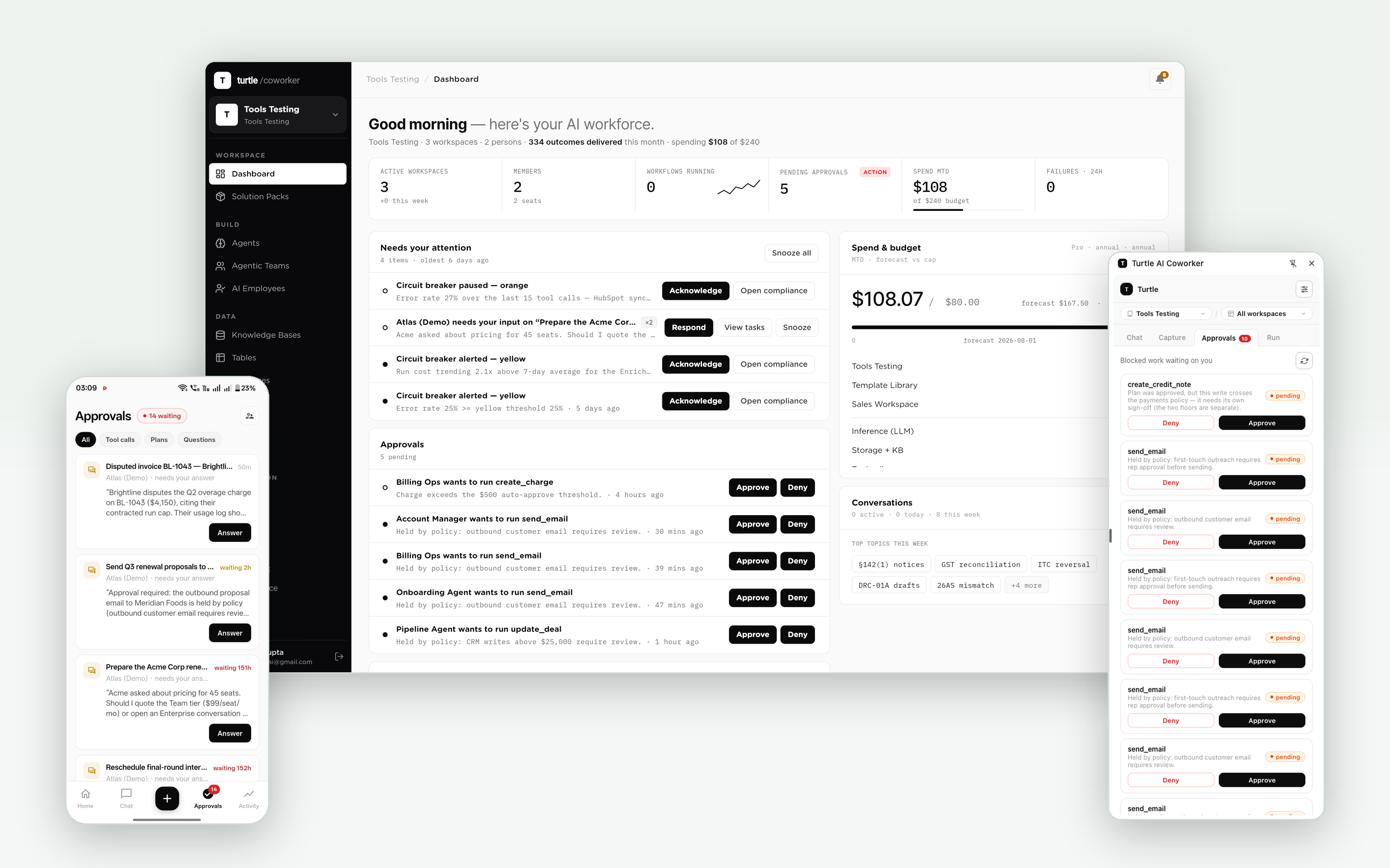 The surface family: web dashboard flanked by the mobile app and the extension popup, all showing the same approvals queue