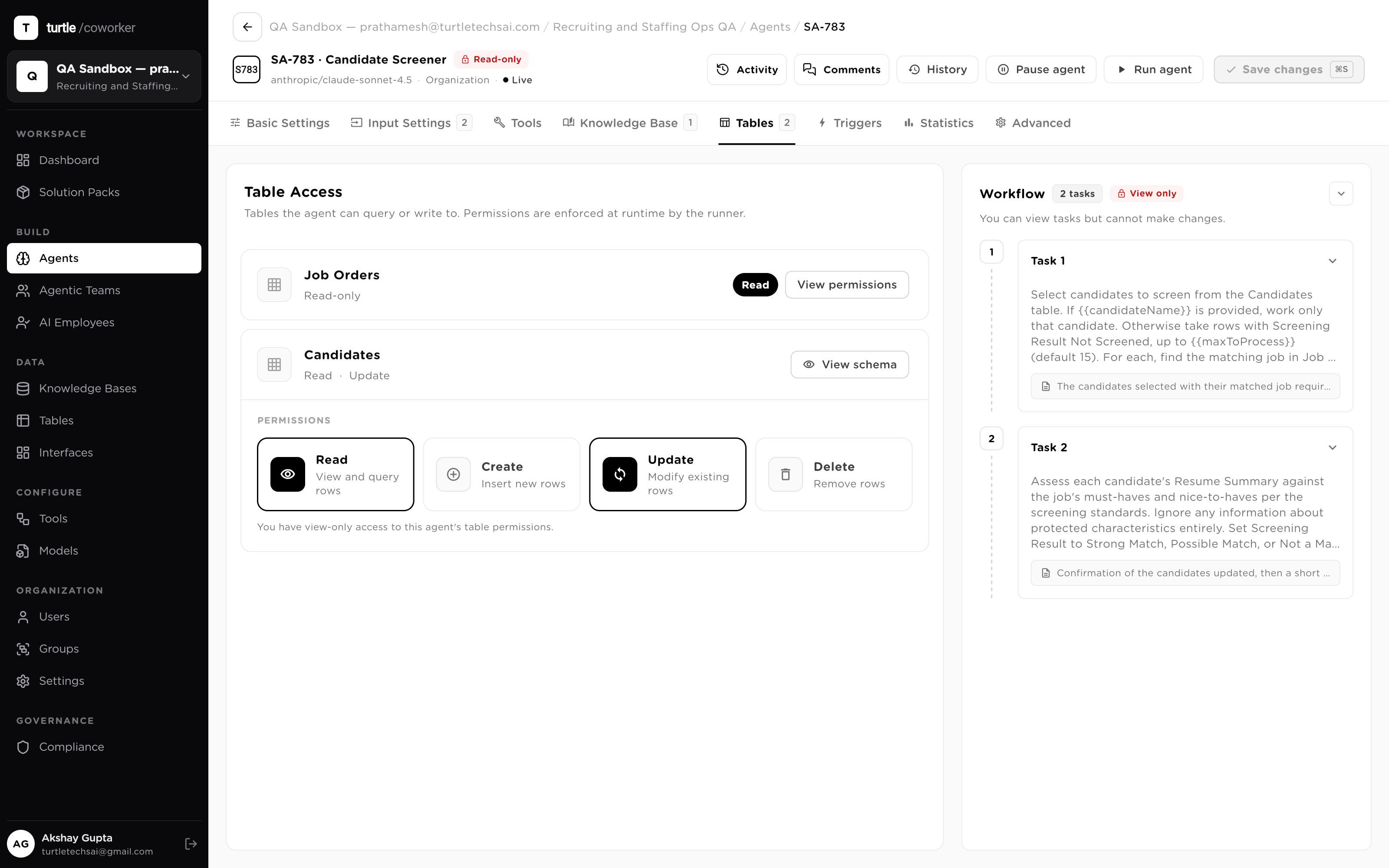 The per-agent table access panel: one agent's grants across tables, with Read/Create/Update/Delete toggles and Delete off