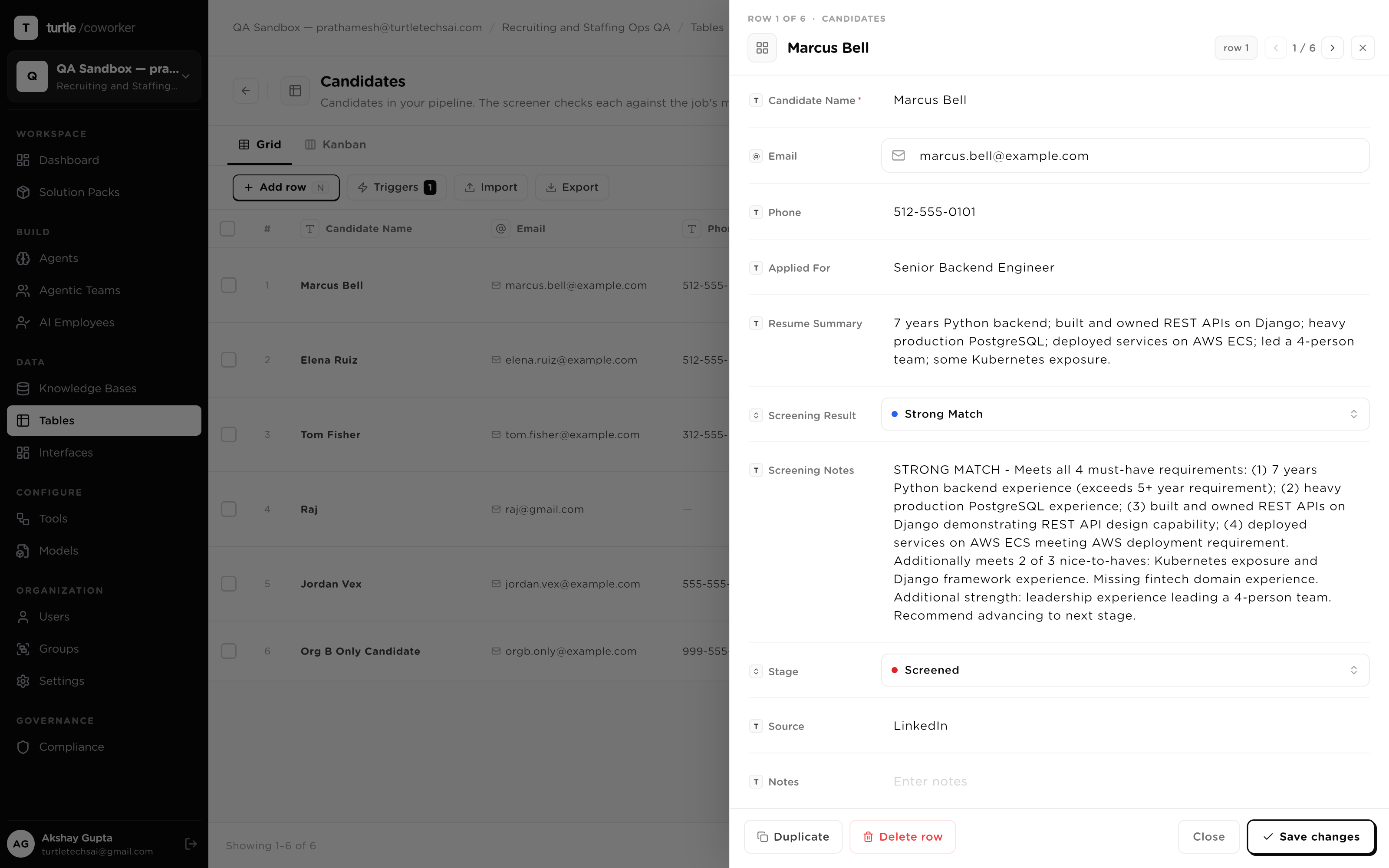 A row detail drawer: fields inline-editable beside an activity feed attributing each change to an agent or user with timestamps
