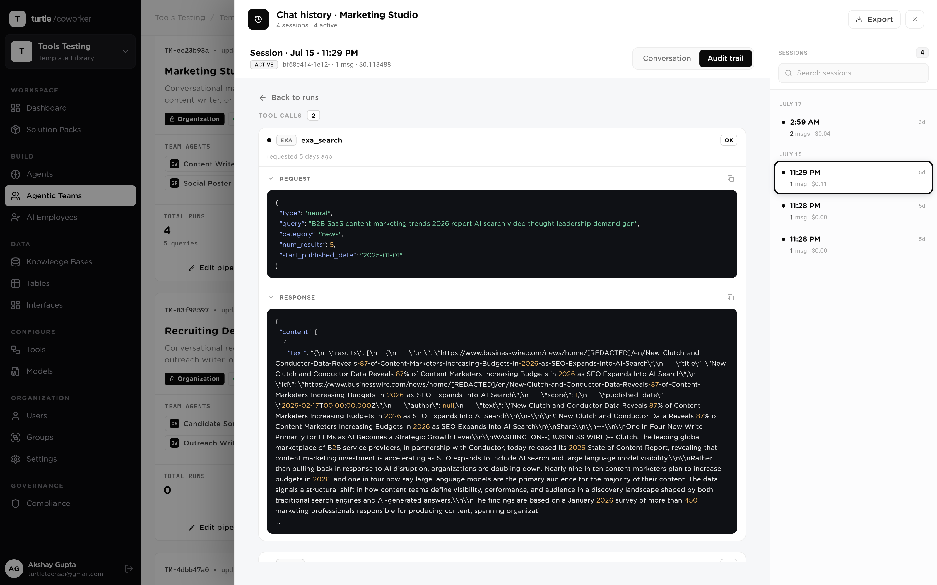 A session's activity trail: the sequence of routed agents with handoff events, expandable tool calls, and per-message cost figures