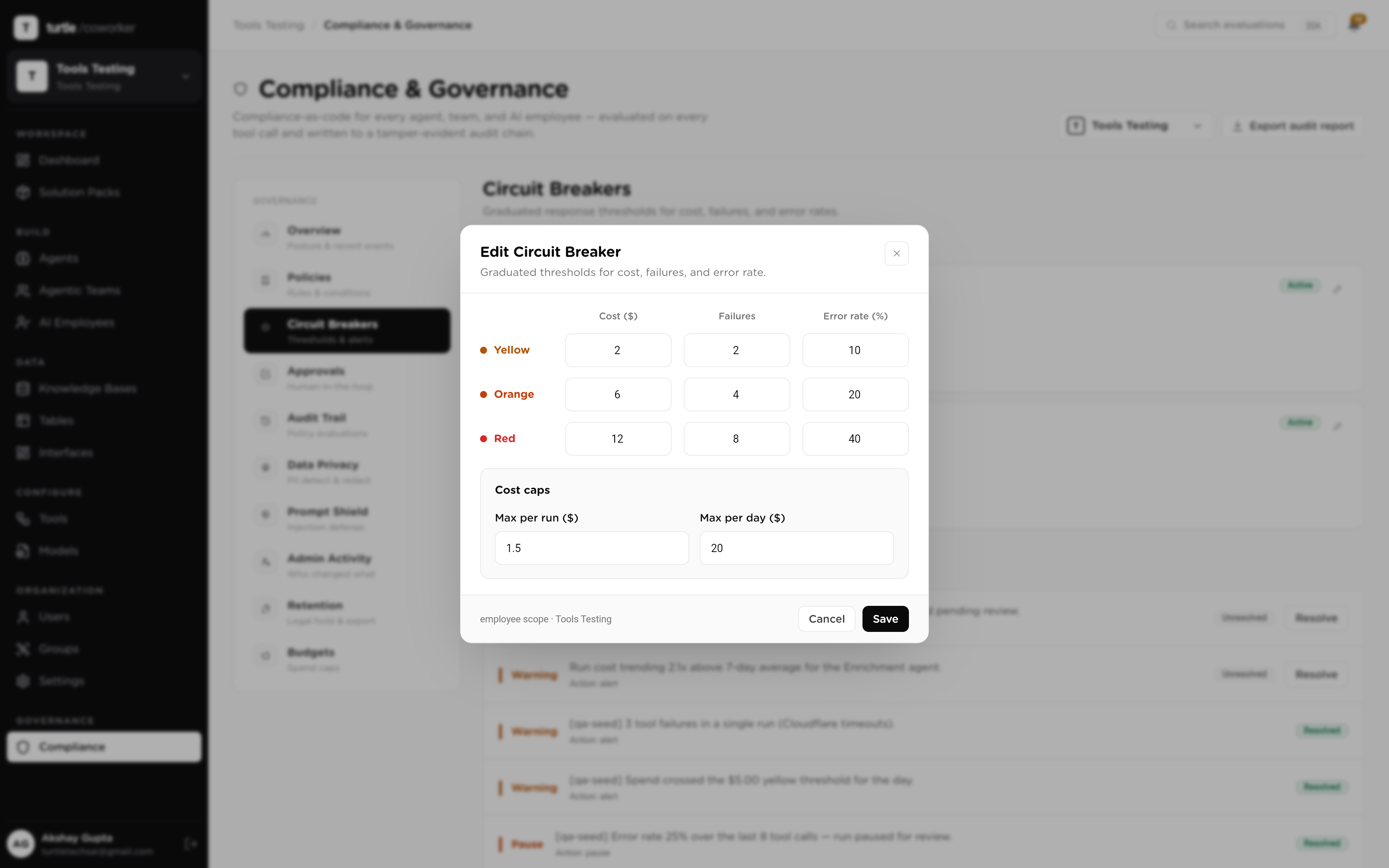 The Compliance page's circuit-breaker view: a breaker config targeting an Agentic Team, with its error-rate and cost thresholds and recent trip events