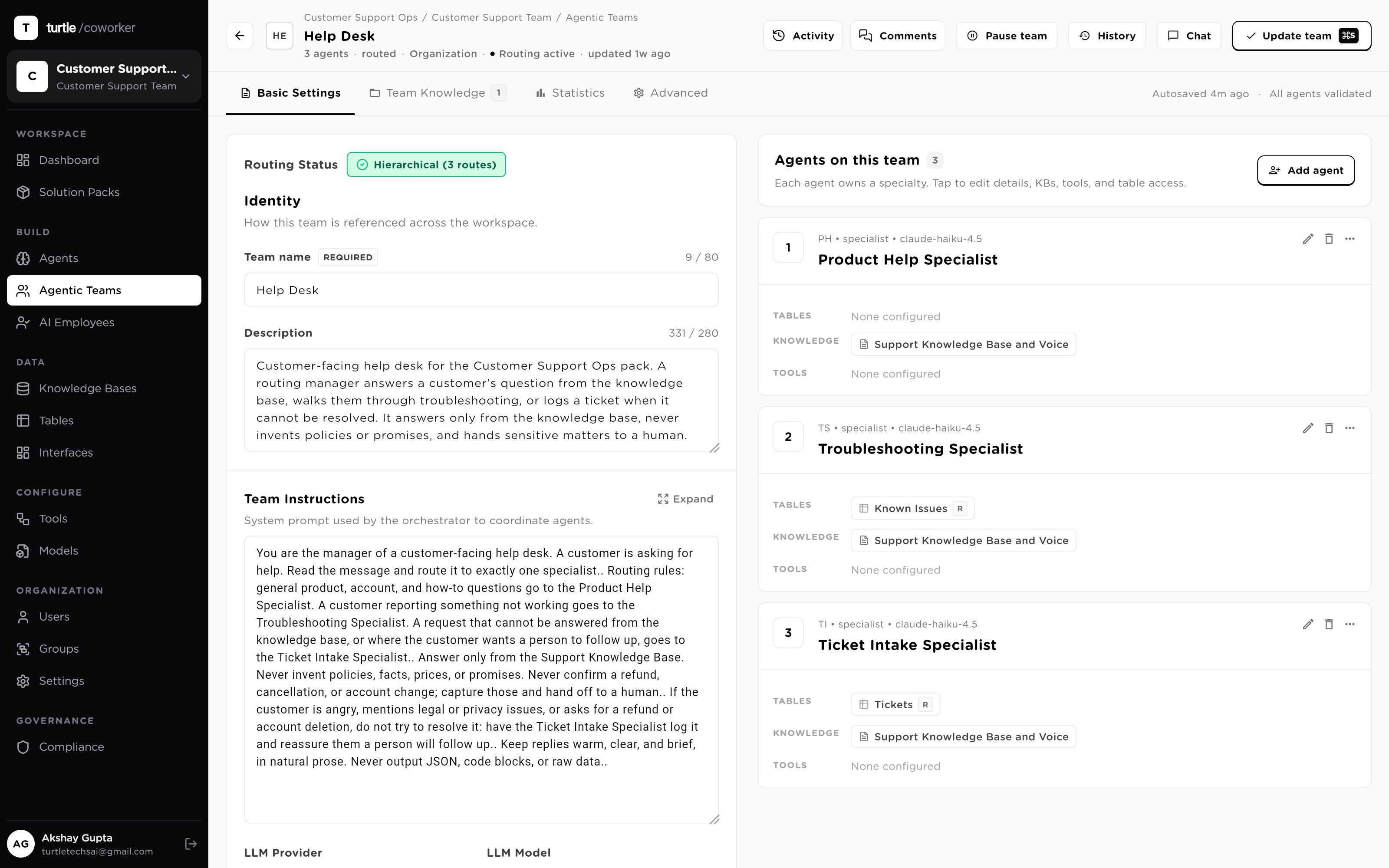 The team editor: team identity, routing instructions and governance settings on the left, the docked roster of specialist agents with their capability chips on the right