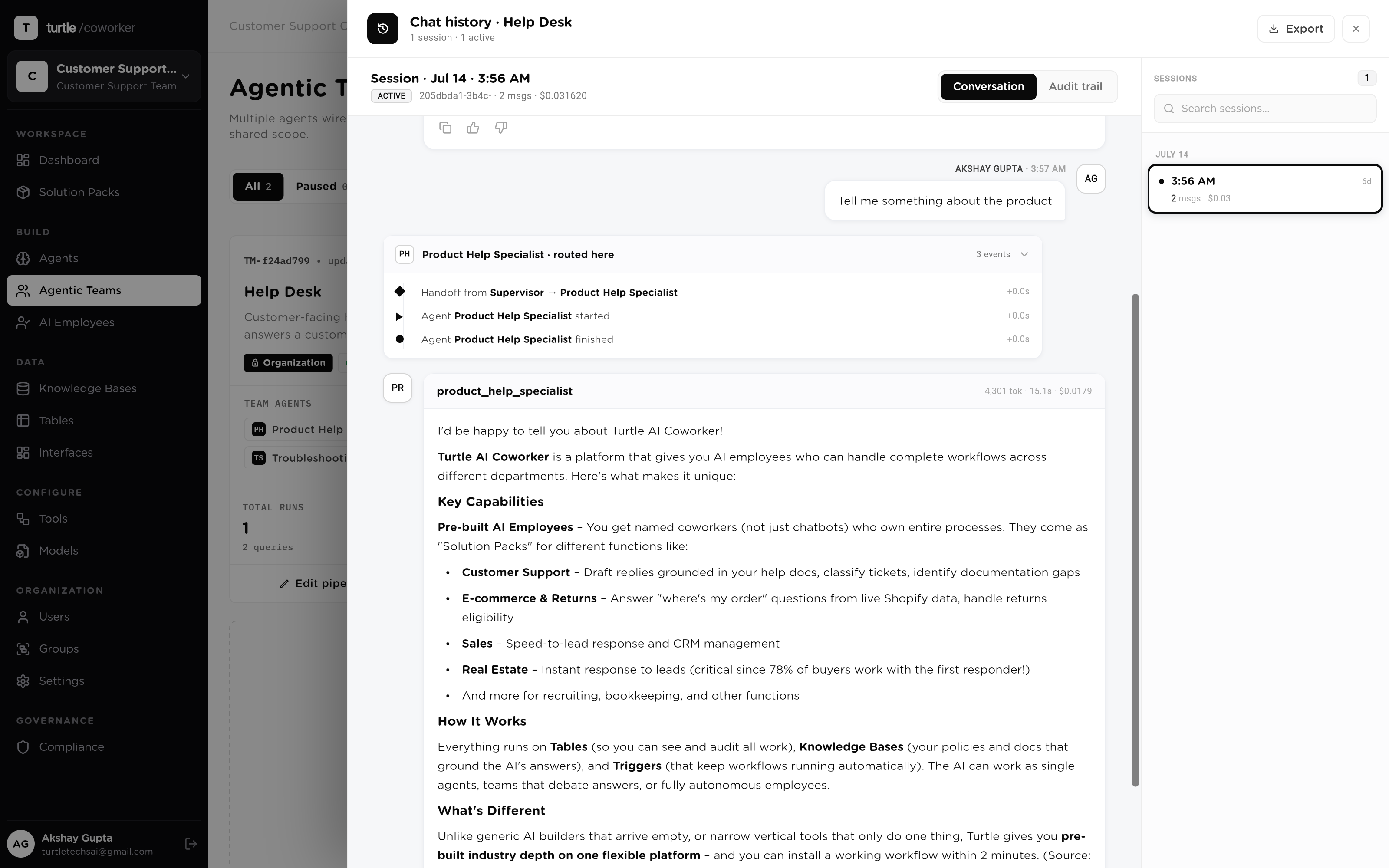 A team chat session where the conversation moves between two specialists mid-thread, with the earlier context visibly carried into the second agent's answer