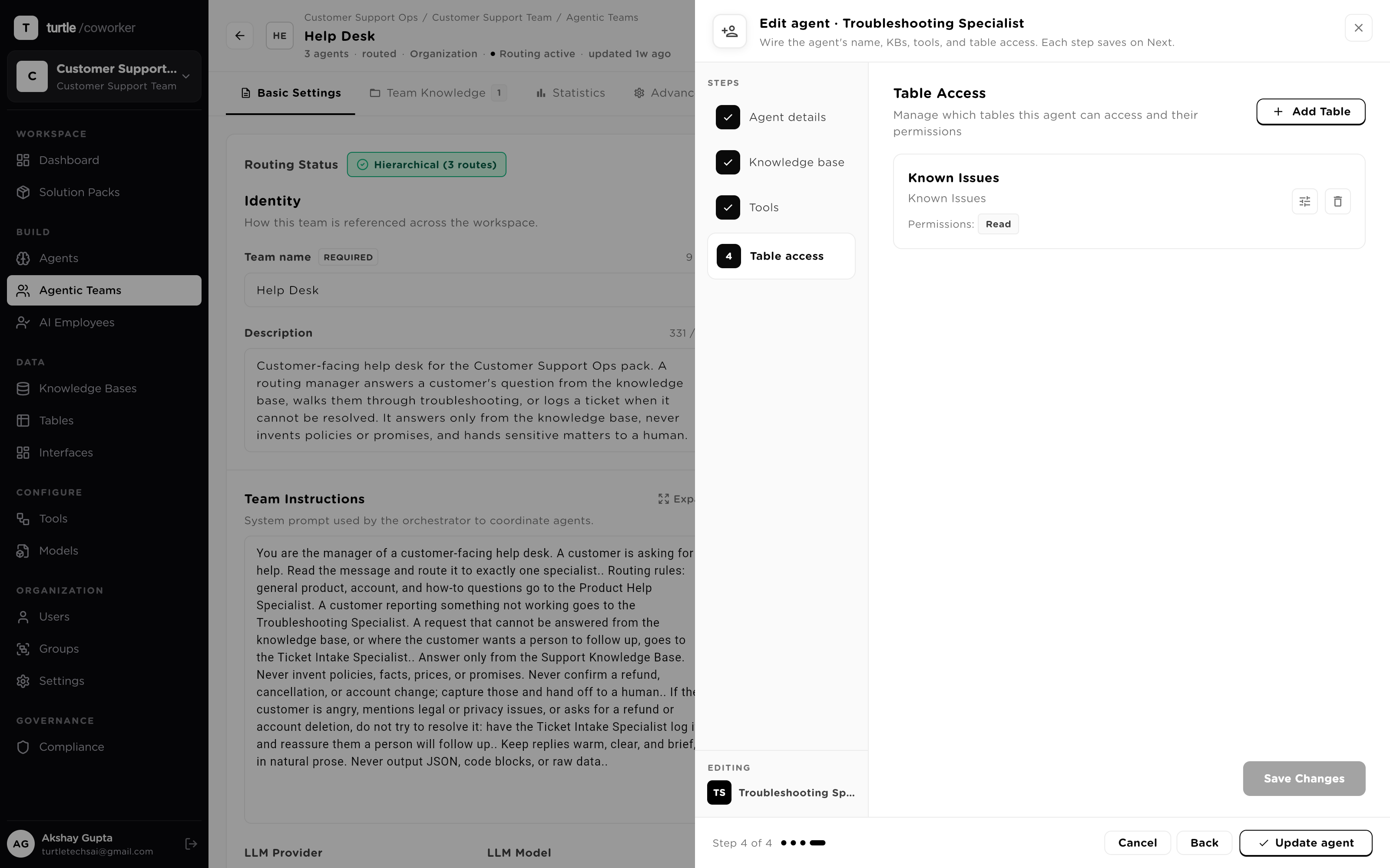 Step 4 of the agent wizard: the per-table Read / Create / Update / Delete toggle pills, with a target table granted R+C+U and a reference table read-only