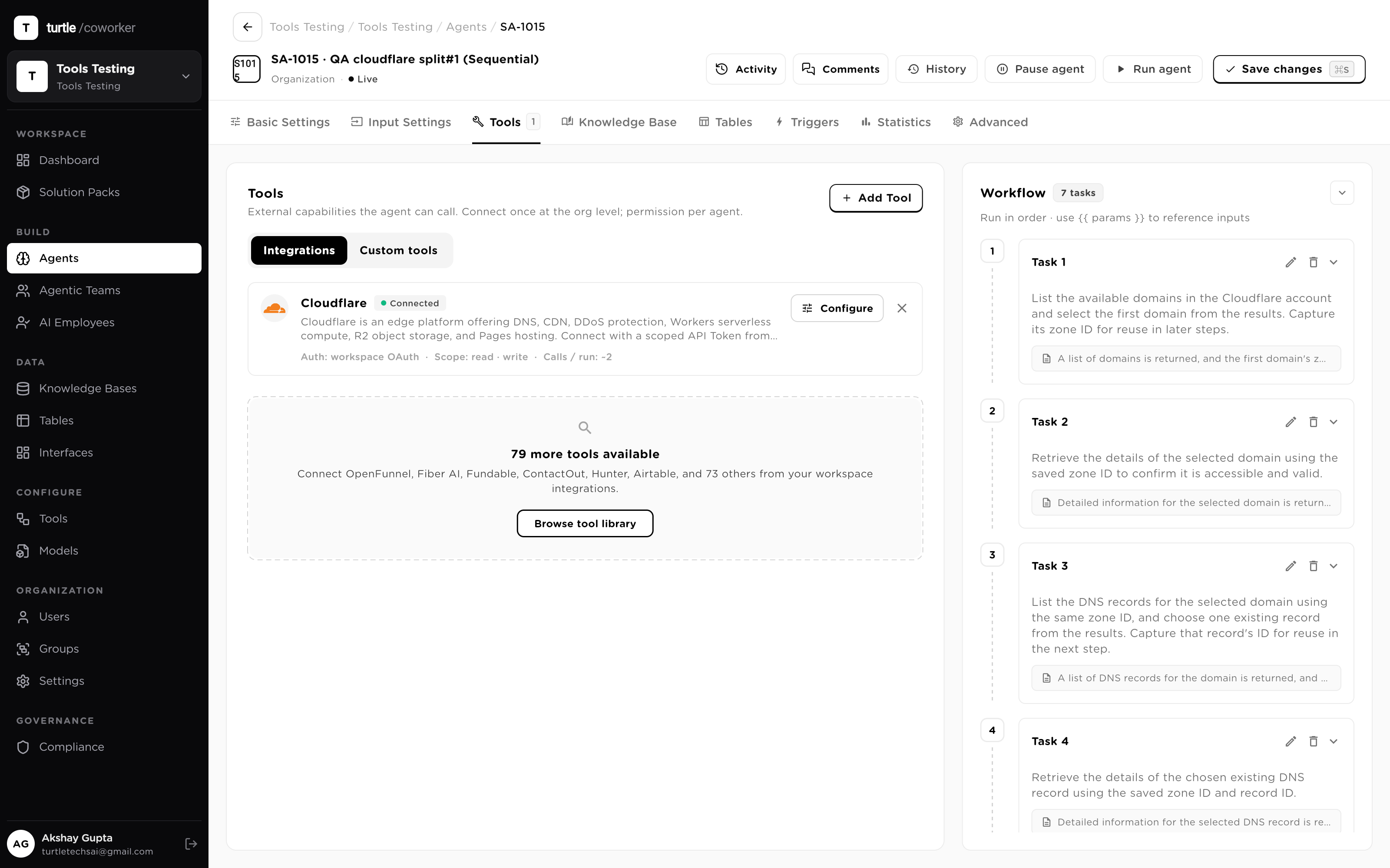 An agent's Tools tab: the specific integrations granted to this agent with their scopes, out of a larger connected set