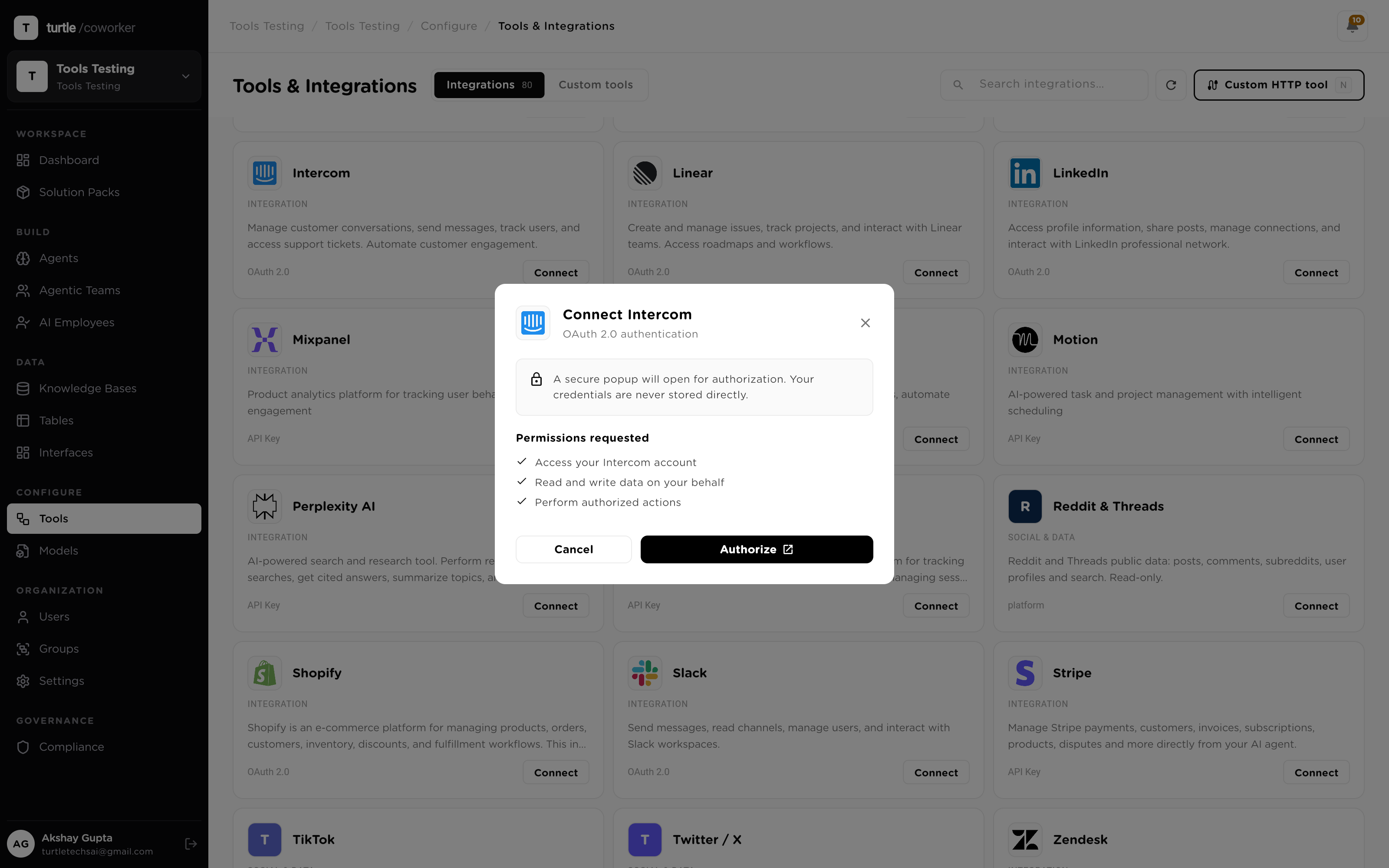 The Connect modal for an OAuth integration: requested permissions, Organization/Personal scope selector, Authorize button