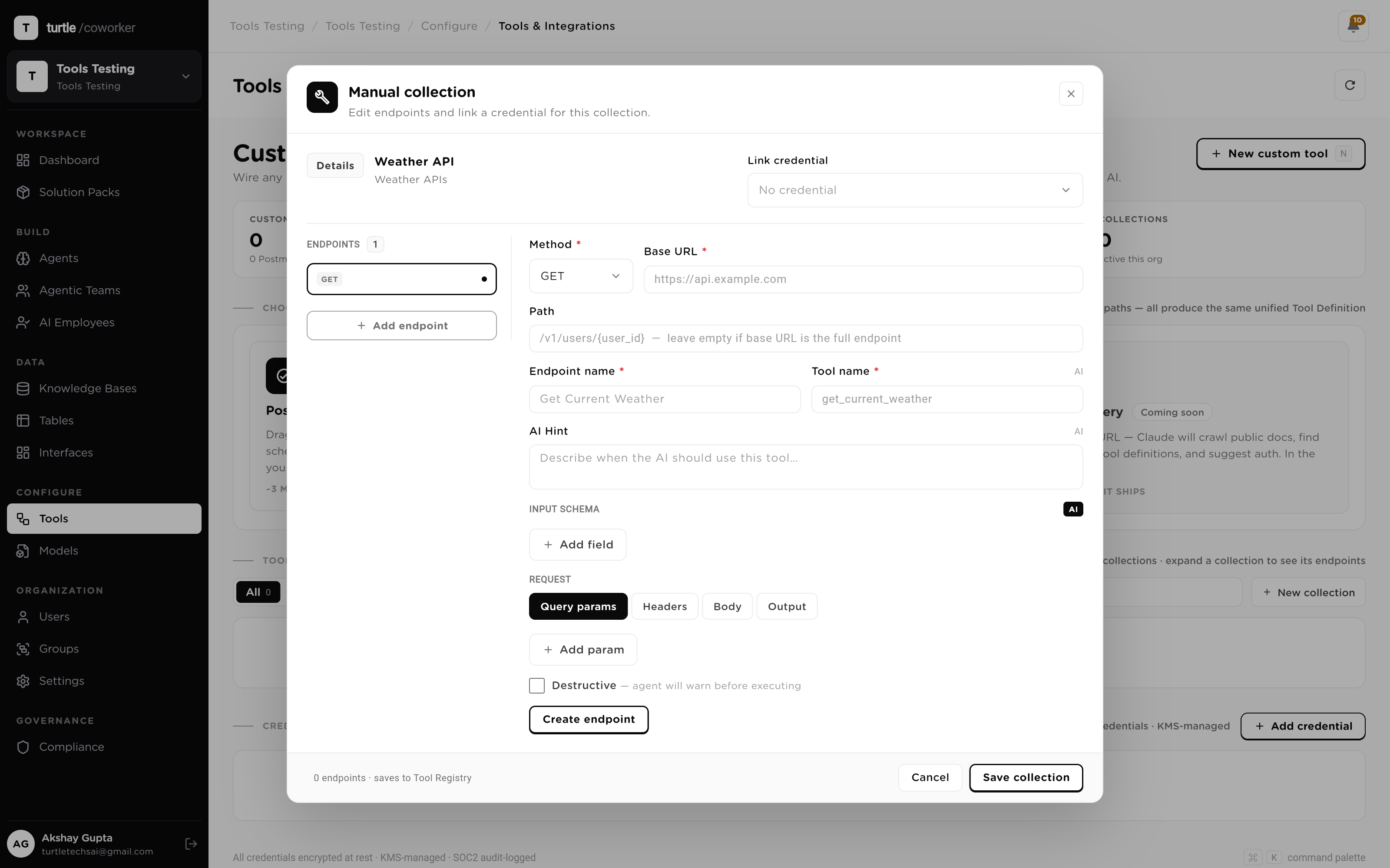 The custom tool builder: an endpoint defined with method, URL template, input schema and output mapping, linked to a vaulted credential