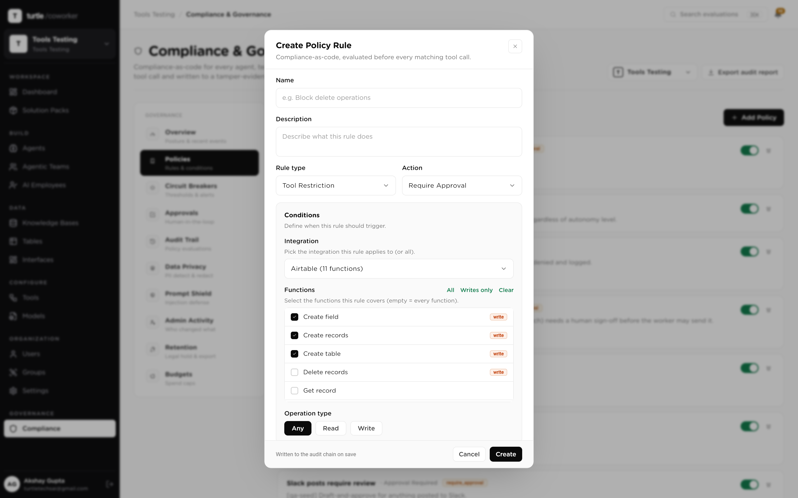 A tool call held by policy: the function name resolved from the catalog, the rule that held it, and its require-approval verdict