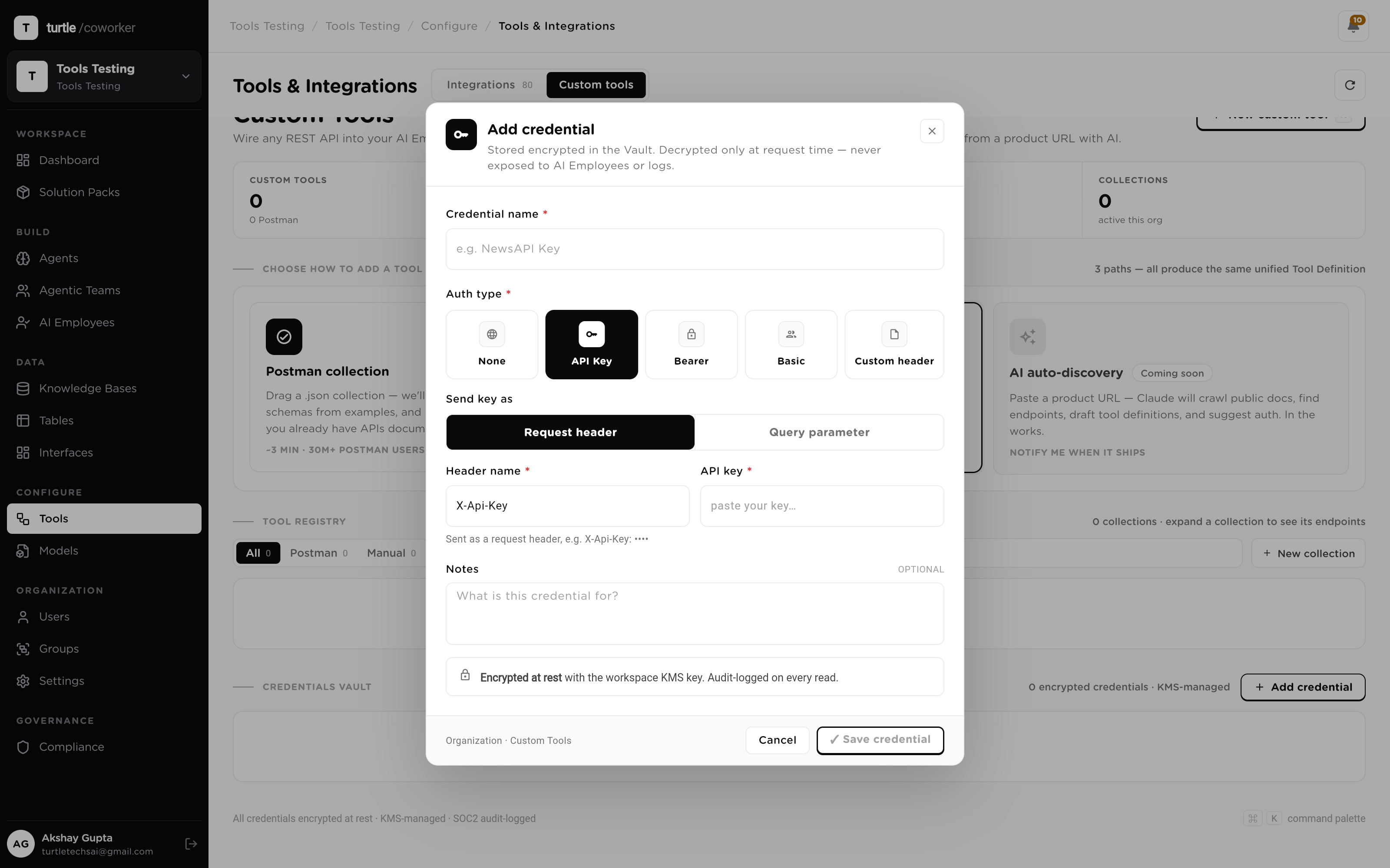 The Credentials Vault: one card per stored credential with auth type and token health, values masked