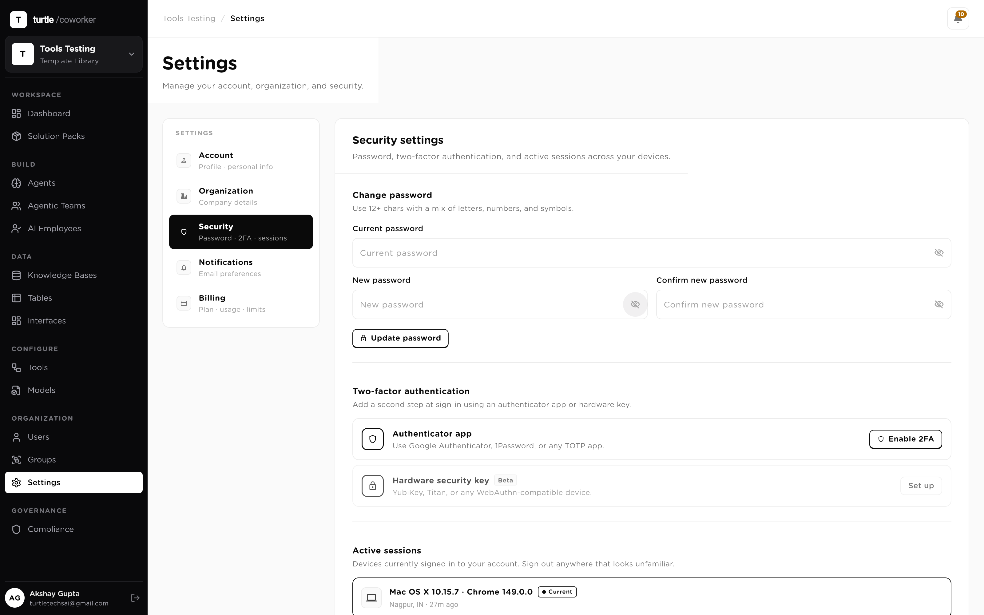 Account security settings: two-factor authentication enabled with TOTP, backup codes generated, and the active-sessions list showing the 4-session cap with revoke controls