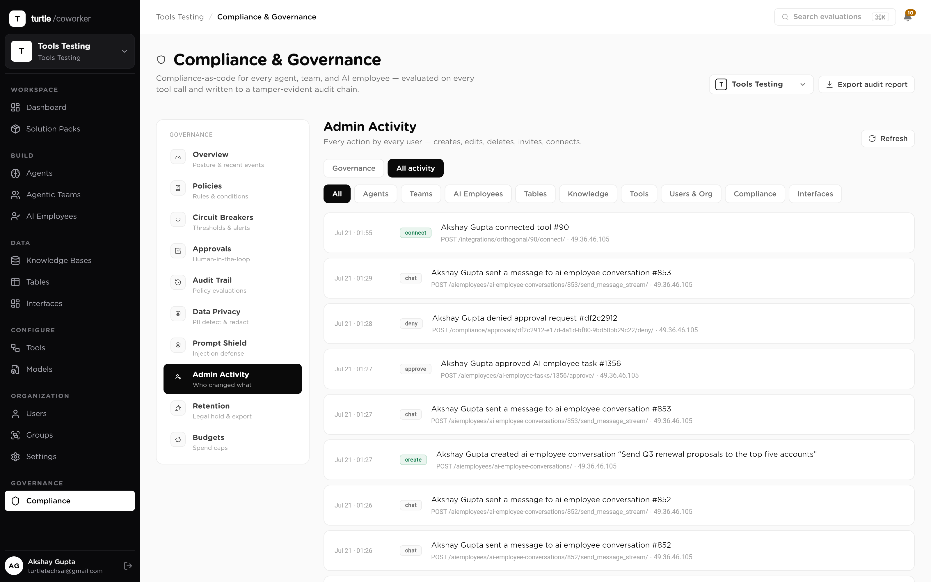 The audit trail filtered by workspace and date range, one run expanded to its tool calls with PII flags and config version, and the export control visible